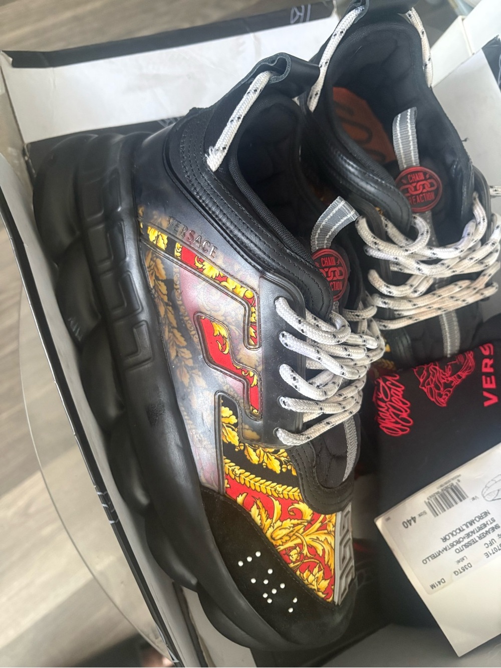 Versace Men’s Black Sneakers with Red and Gold Baroque Panels